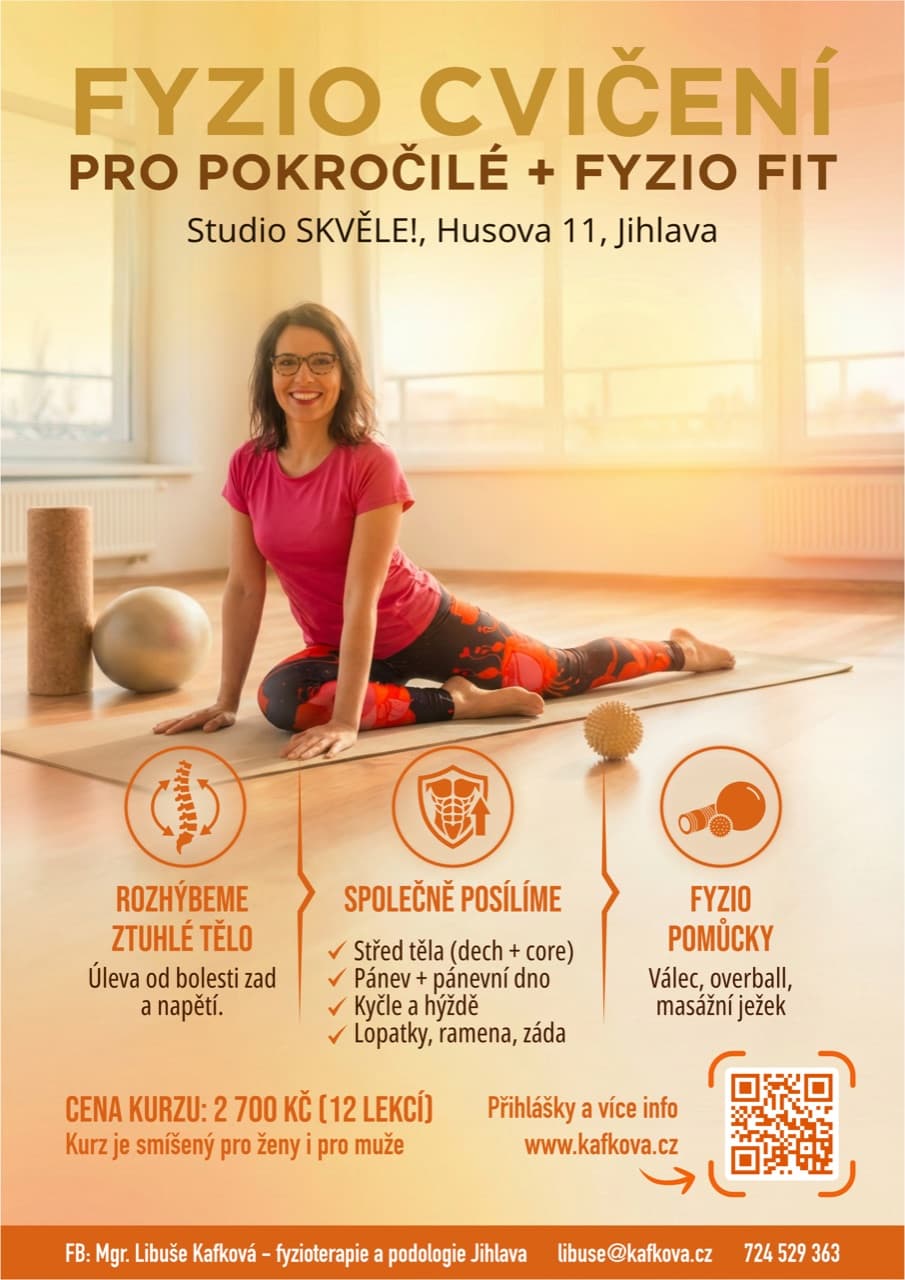 Plakát kurzu Fyzio cvičení pro pokročilé a FyzioFit ve Studiu SKVĚLE! v Jihlavě